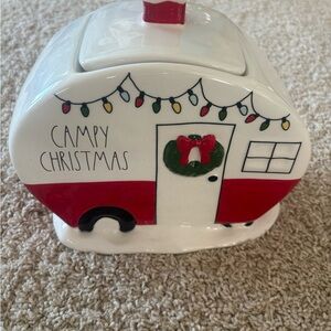 New! Rae Dunn Red and White Holiday Camper Cookie Jar